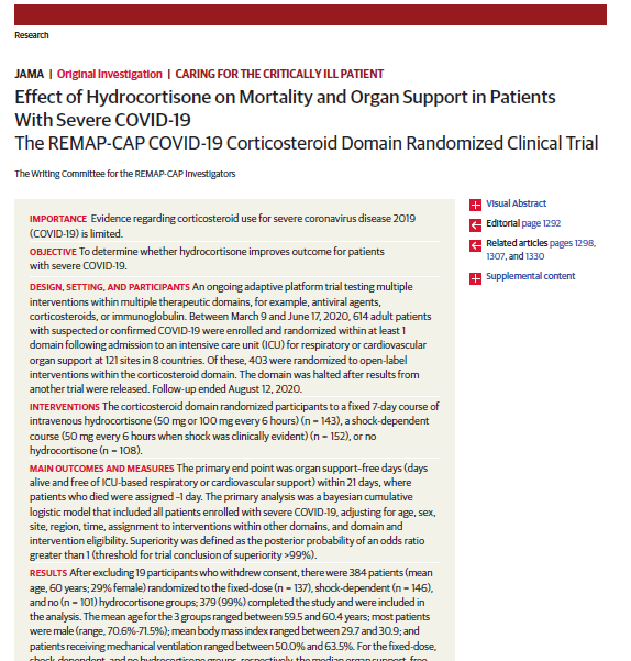 Read more about the article Effect of Hydrocortisone on Mortality and Organ Support in patients with Severe COVID-19