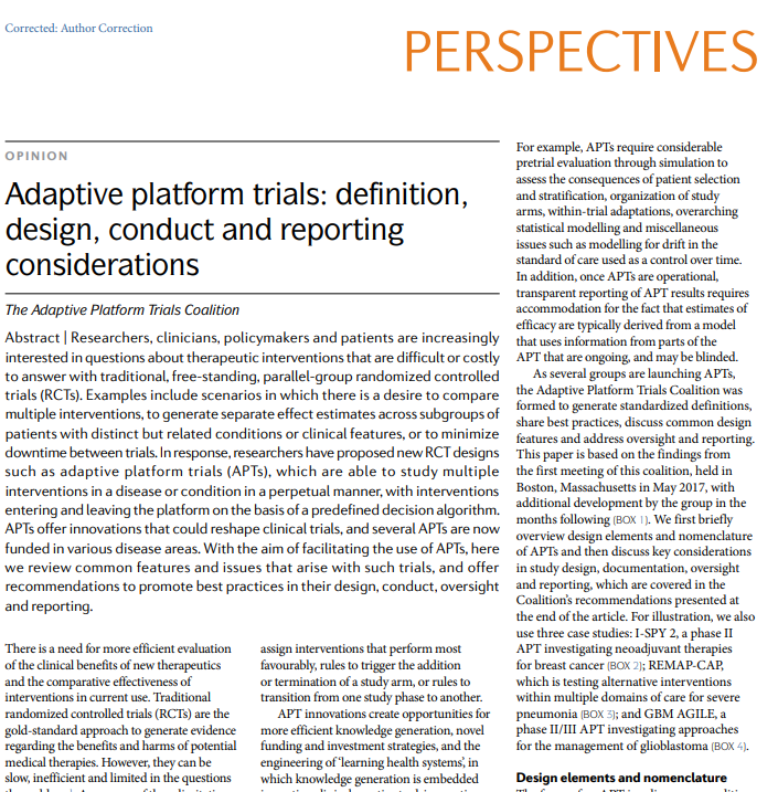 Read more about the article Adaptive platform trials: definition, design, conduct and reporting considerations