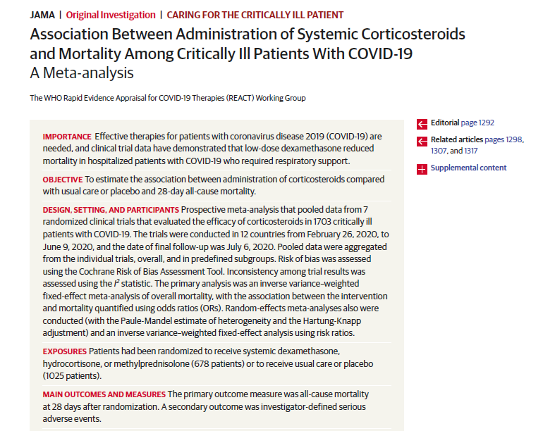 Read more about the article Association Between Administration of Systemic Corticosteroids and Mortality Among Critically Ill Patients With COVID-19 AMeta-analysis
