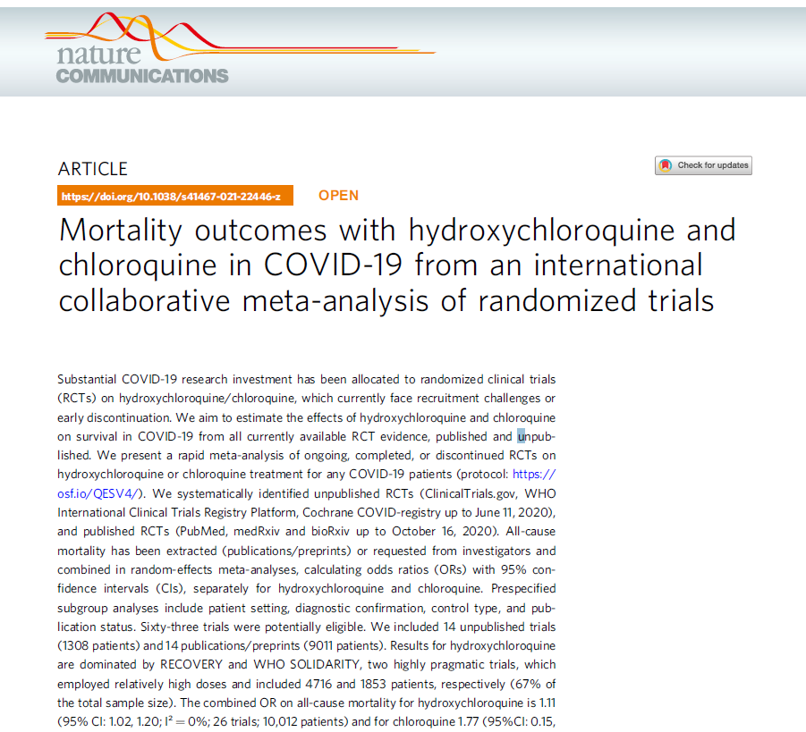 Read more about the article Mortality outcomes with hydroxychloroquine and chloroquine in COVID-19 from an international collaborative meta-analysis of randomized trials