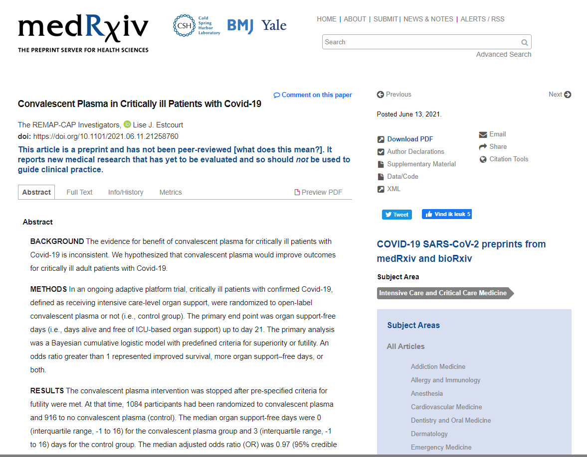 Read more about the article Convalescent Plasma in Critically ill Patients with Covid-19