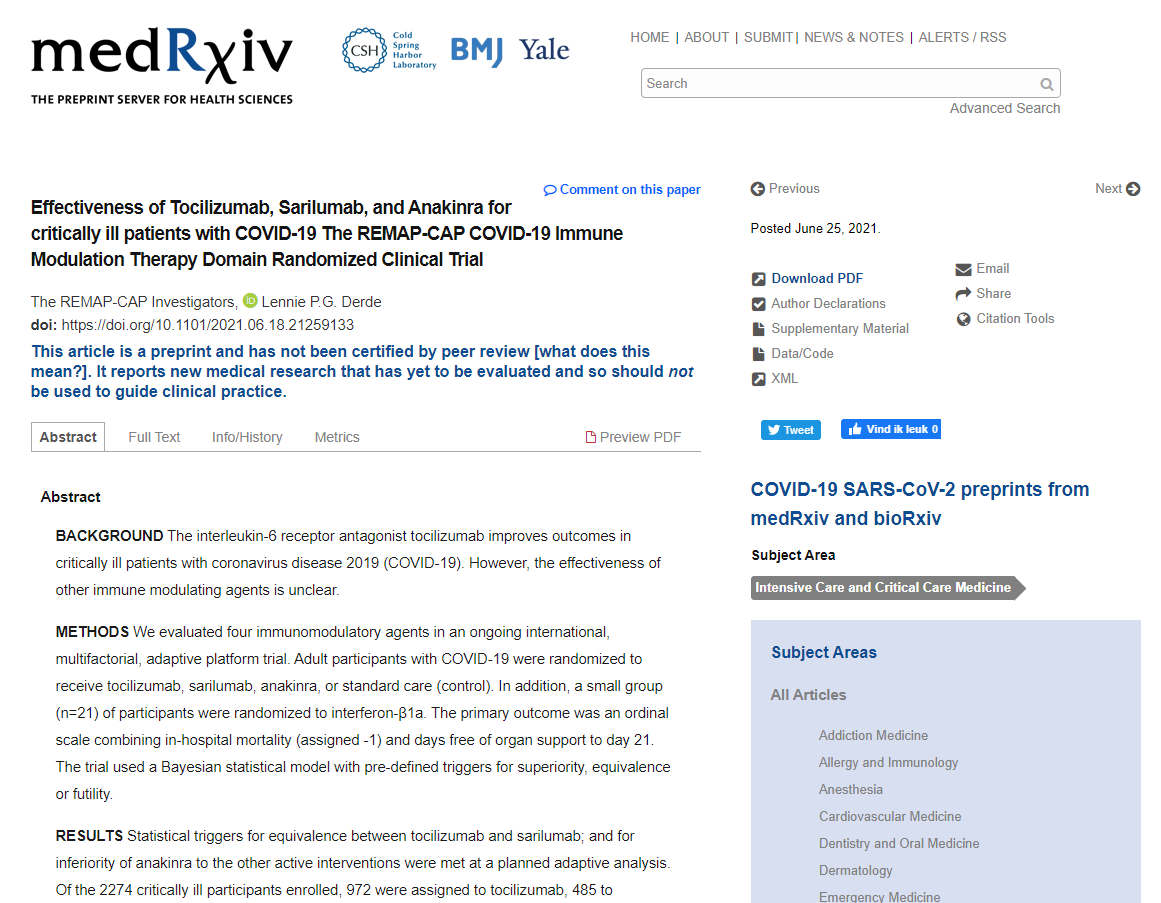 Read more about the article Effectiveness of Tocilizumab, Sarilumab, and Anakinra for critically ill patients with COVID-19 The REMAP-CAP COVID-19 Immune Modulation Therapy Domain Randomized Clinical Trial