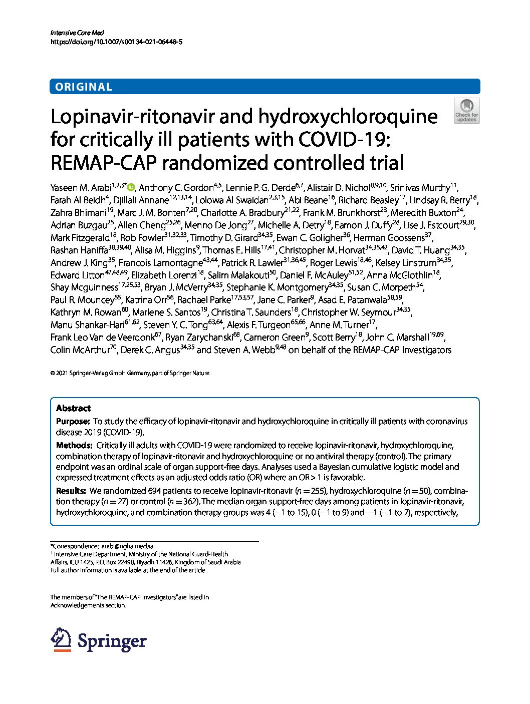 Read more about the article Lopinavir‑ritonavir and hydroxychloroquine for critically ill patients with COVID‑19: REMAP‑CAP randomized controlled trial