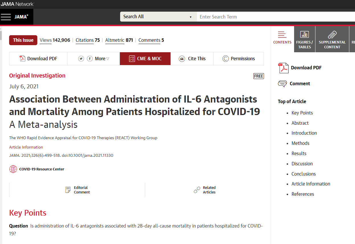 Read more about the article Association Between Administration of IL-6 Antagonists and Mortality Among Patients Hospitalized for COVID-19: A Meta-analysis | Critical Care Medicine