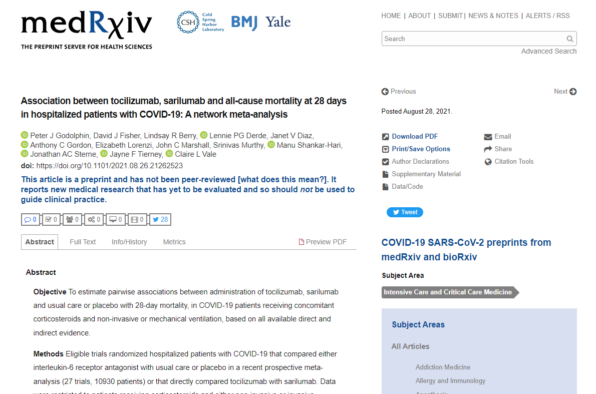 Read more about the article Association between tocilizumab, sarilumab and all-cause mortality at 28 days in hospitalized patients with COVID-19: A network meta-analysis