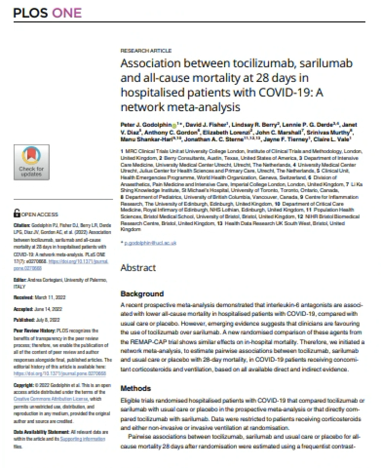 Read more about the article Association between tocilizumab, sarilumab and all-cause mortality at 28 days in hospitalized patients with COVID-19: A network meta-analysis