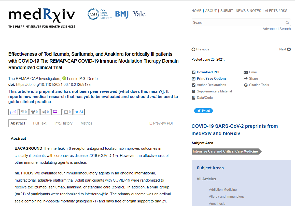 Read more about the article Effectiveness of Tocilizumab, Sarilumab, and Anakinra for critically ill patients with COVID-19 The REMAP-CAP COVID-19 Immune Modulation Therapy Domain Randomized Clinical Trial