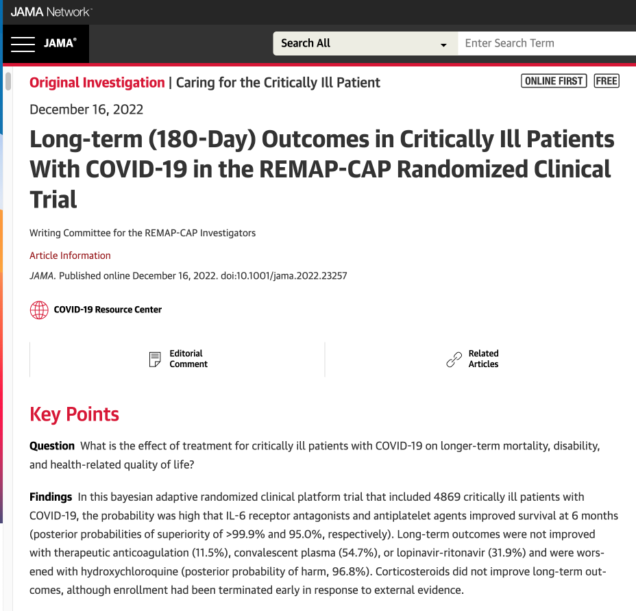 Read more about the article Long-term (180-Day) Outcomes in Critically Ill Patients With COVID-19 in the REMAP-CAP Randomized Clinical Trial