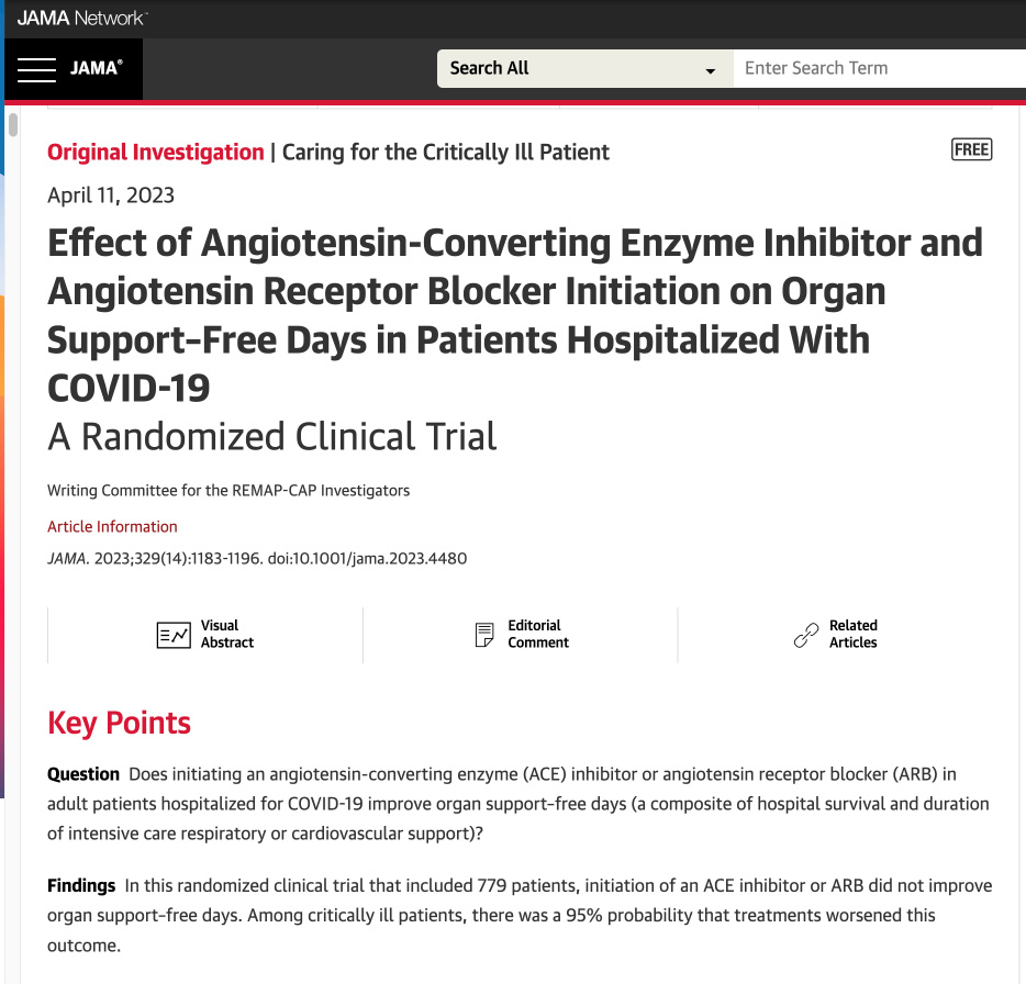 Read more about the article Effect of Angiotensin-Converting Enzyme Inhibitor and Angiotensin Receptor Blocker Initiation on Organ Support–Free Days in Patients Hospitalized With COVID-19