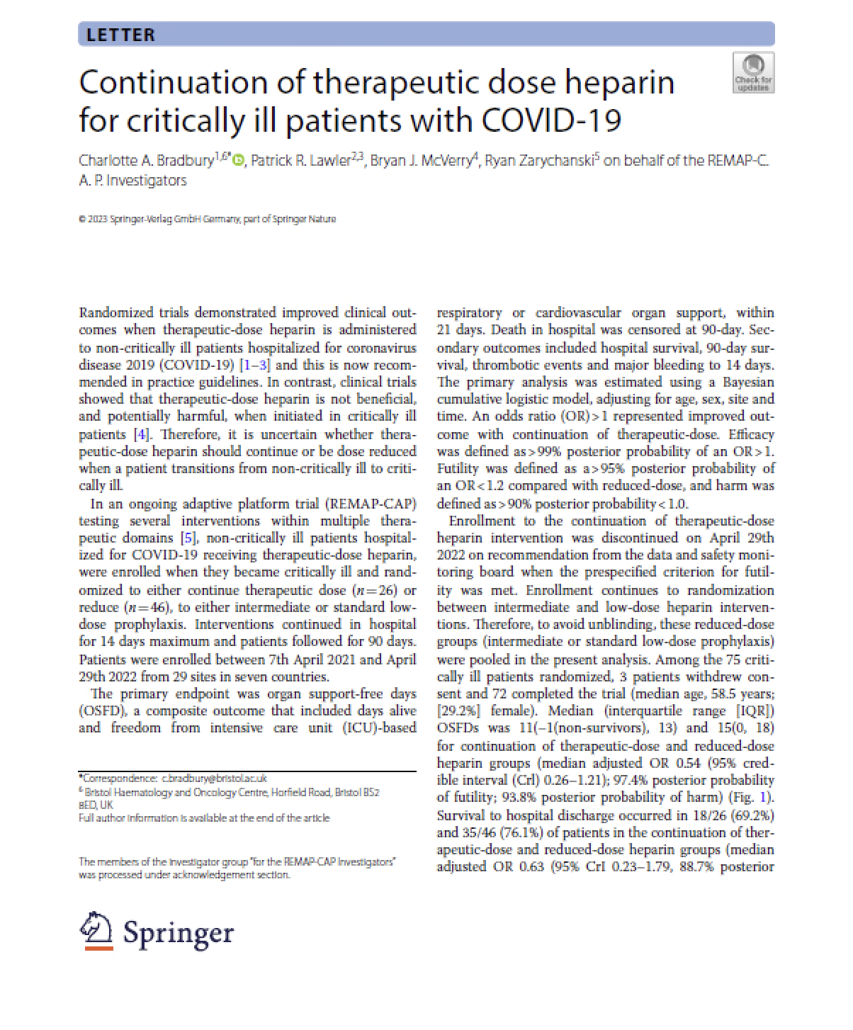 Read more about the article Continuation of therapeutic dose heparin for critically ill patients with COVID‑19