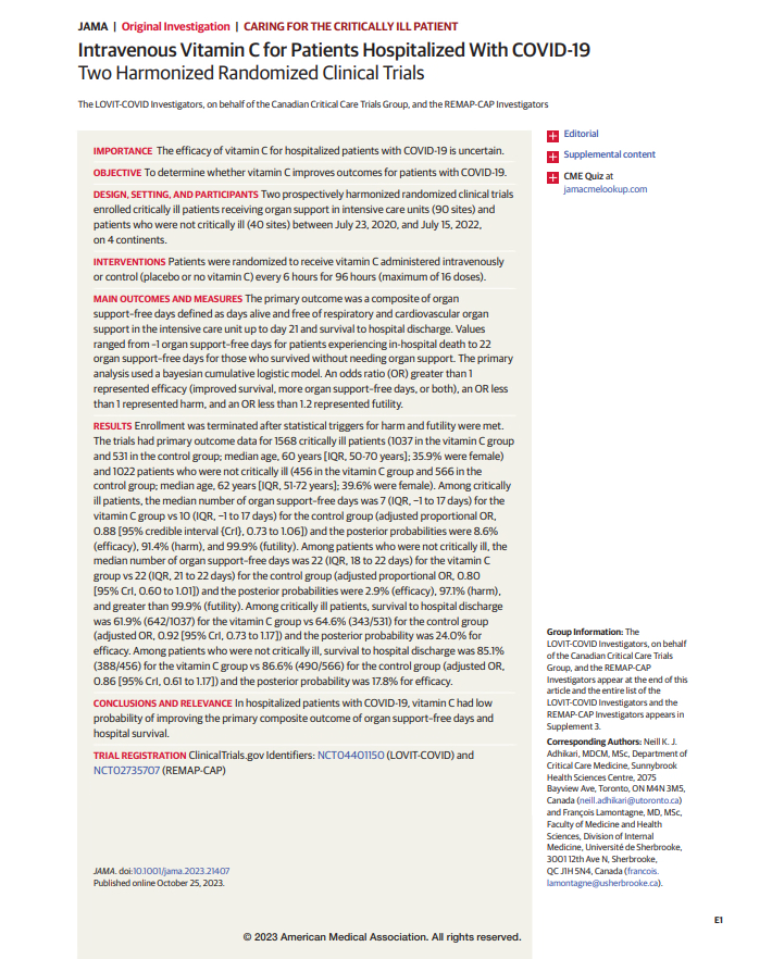 Read more about the article Intravenous Vitamin C for Patients Hospitalized With COVID-19: Two Harmonized Randomized Clinical Trials