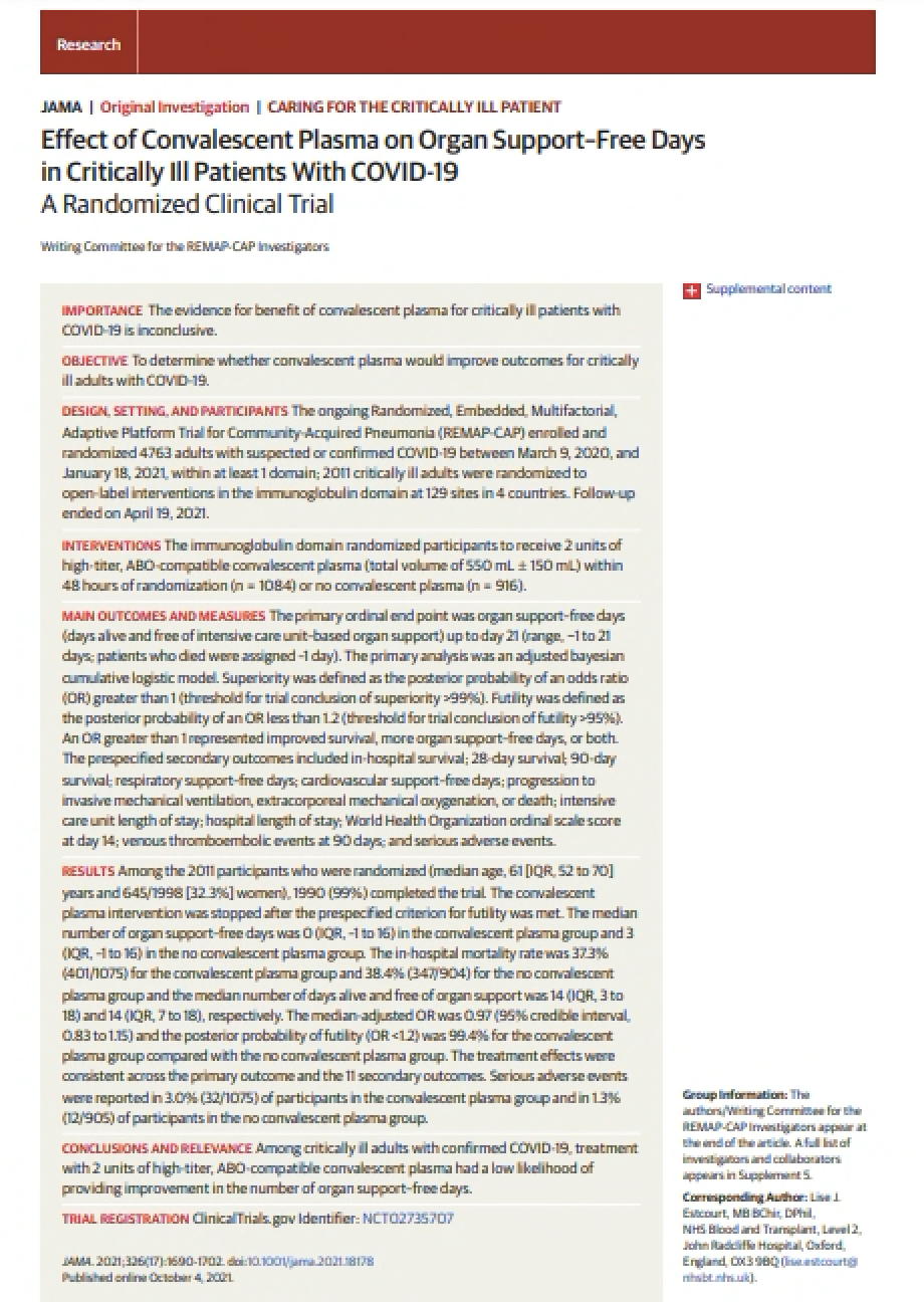 Read more about the article Effect of Convalescent Plasma on Organ Support–Free Days in Critically Ill Patients With COVID-19