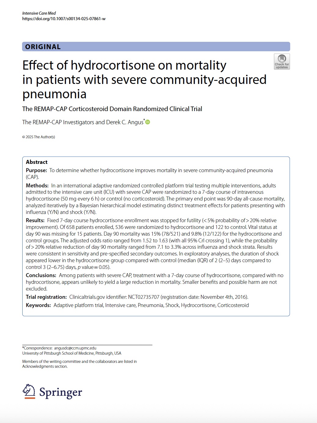 Read more about the article Effect of hydrocortisone on mortality in patients with severe community-acquired pneumonia