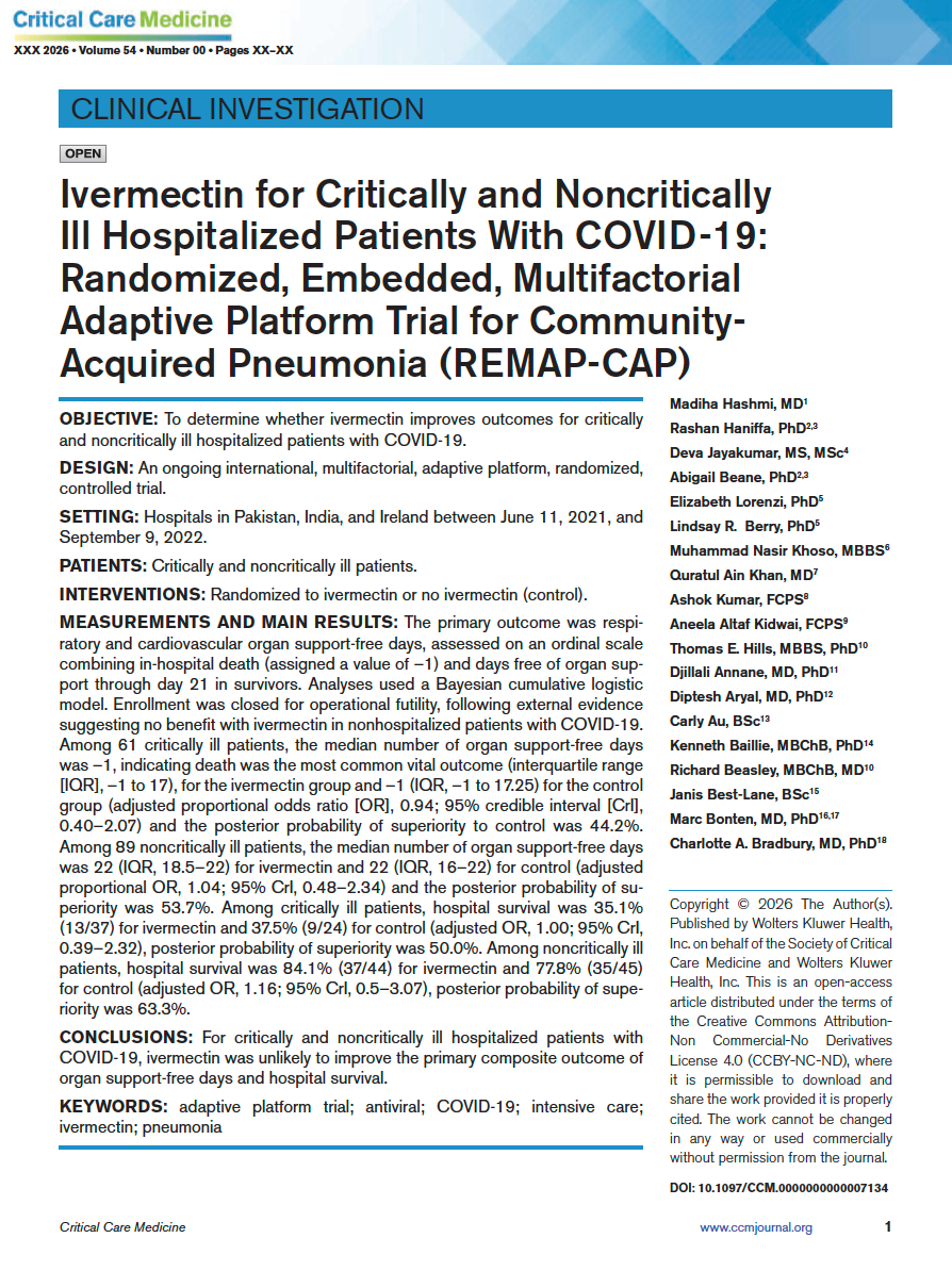 Read more about the article Ivermectin for Critically and Noncritically Ill Hospitalized Patients With COVID-19: Randomized, Embedded, Multifactorial Adaptive Platform Trial for Community-Acquired Pneumonia (REMAP-CAP)